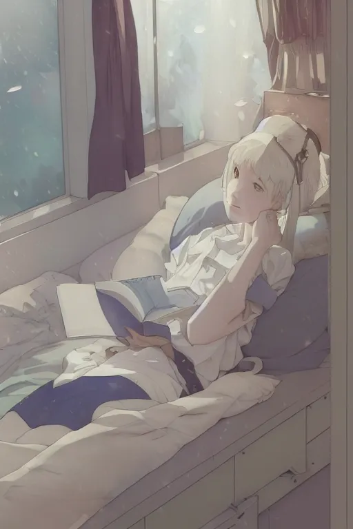 Prompt: a teenage girl with white short hair in a jk uniform outfit in the bedroom reading a book in a night, raining outside the window, grey and blue theme, by krenz cushart and mucha and akihito yoshida and greg rutkowski and makoto shinkai, detailed eyes, 4 k resolution