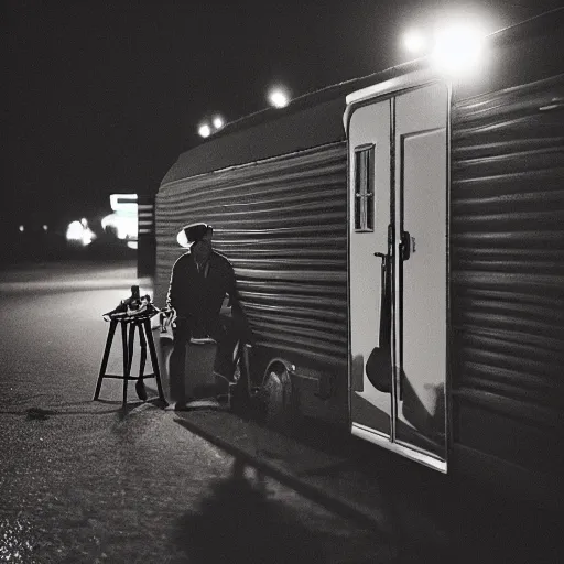 Image similar to a man sitting on a stool in front of a trailer, an album cover by james baynes, instagram contest winner, neo - romanticism, night, aesthetic, # film, photo taken with ektachrome