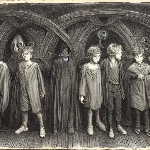 Image similar to harry potter students, by gustave dore and william blake