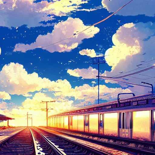 Image similar to a beautiful ultradetailed anime illustration，up to bottom is clouds，sea，railway，by makoto shinkai，anime wallpaper 4k，prismatic