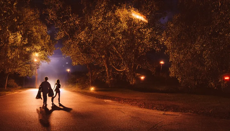 Prompt: couple walking down the street surrounded by fireflies, cinematic lighting, wow, establishing shot