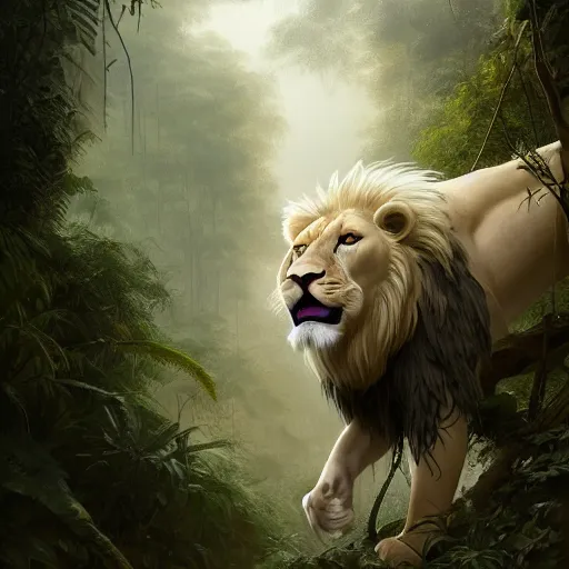 Prompt: commission portrait of a male anthro albino lion,wearing cargo pants and a boack t-shirt,going through a jungle cautiously.dramatic,character design by charles bowater,greg rutkowski,ross tran,hyperdetailed,hyperrealistic,4k,deviantart,artstation,professional photography,concept art