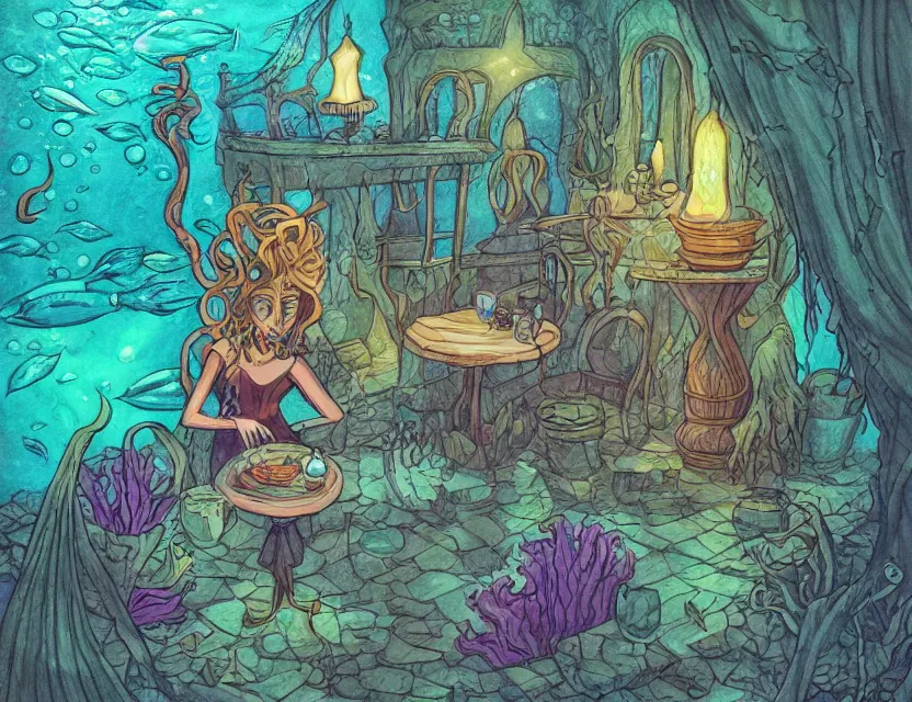 Image similar to witch in an underwater cafe. complementary colors, copic markers, indie concept art, bloom, chiaroscuro, backlighting, intricate details.