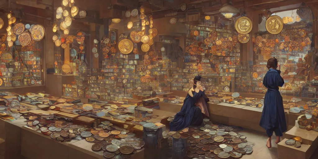 Image similar to modern coin shop with a lot of coins, 4 k, eastern tyle, geishas, octane, digital painting, artstation, concept art, sharp focus, illustration, art by artgerm and greg rutkowski and alphonse mucha