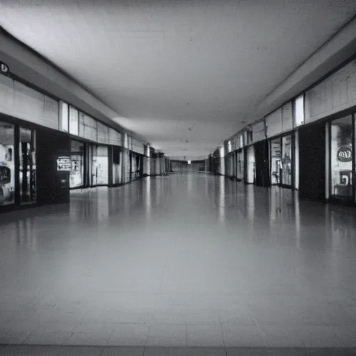 Image similar to A creepy photo of an empty mall from the 1980s, disposable film, flash photography