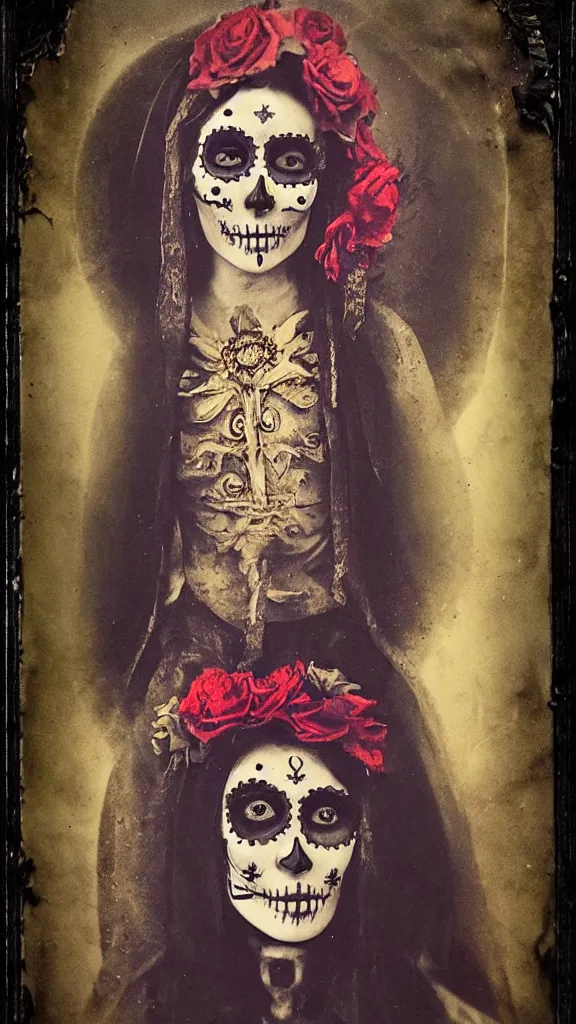 Prompt: tintype full body view, virgin mary in dia de muertos dress and make up, horrific beautiful vibe, evocative, atmospheric lighting, painted, intricate, highly detailed,