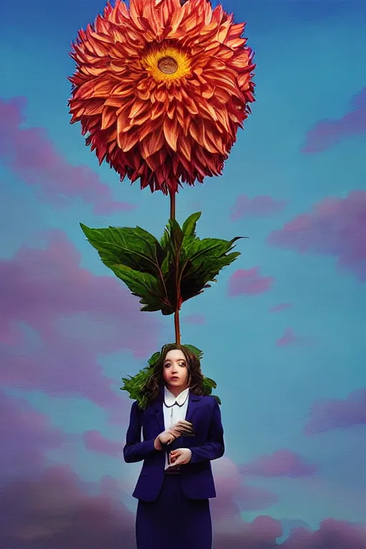 Image similar to closeup giant dahlia flower head, girl in a suit on a street, surreal photography, blue sky, sunrise, dramatic light, impressionist painting, digital painting, artstation, simon stalenhag