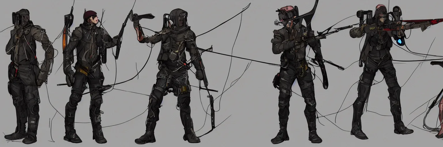 Image similar to character designs of cyberpunk archer, carrying compound bow, tactical, style over substance, layout