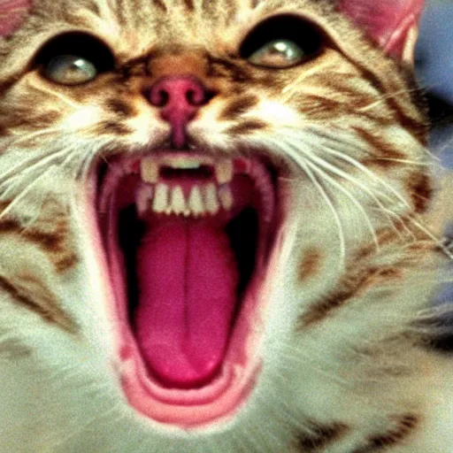Prompt: screaming cat wide open mouth reaction image, movie still