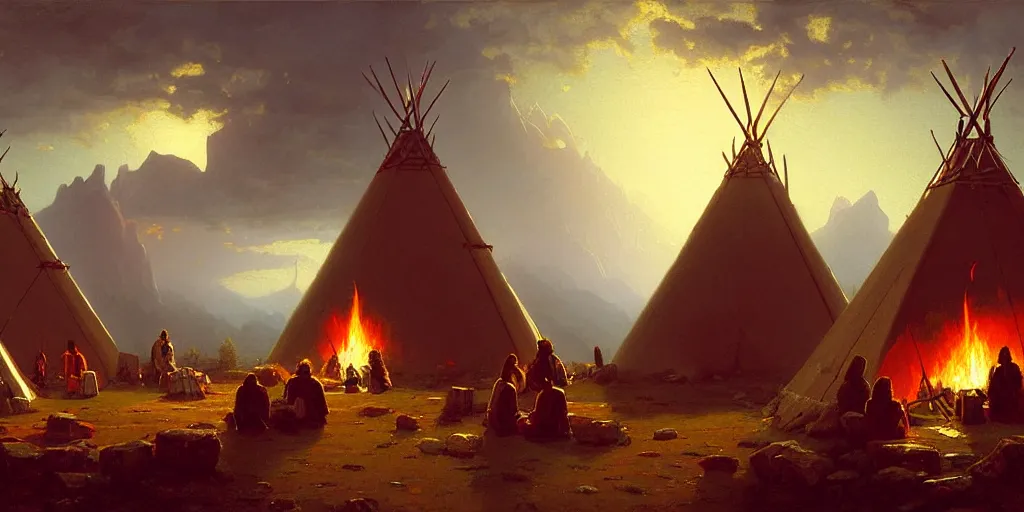 Image similar to some old native americans sitting together at a fire in front of some tipis, beatiful mountain background, cyberpunk, by albert bierstadt, by greg rutkowski, highly detailed, warm lightning, digital painting