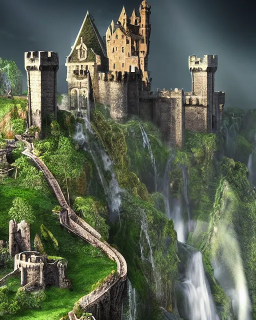 Image similar to a beautiful fantasy landscape of a large majestic medieval castle with lots of towers and huge walls on top of a lush cliff with a huge waterfalls in the middle, ruins of structures at the bottom, afternoon light streaking with god rays, ornate, detailed, octane render, 8k, trending on artstation deviantart google images, pinterest, canon 35mm lens