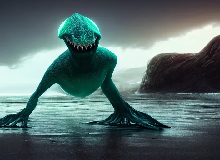 Image similar to a stunning cinematic extreme wide shot of an adorable fearful slick sleek smooth humanoid sea monster wearing clothes made of seaweed on a dark stormy beach, well designed perfect with huge luminous sad eyes, sharp claws, cgsociety, hd octane render, fantasy, furry art, artstation, deviantart, furaffinity, very very clean