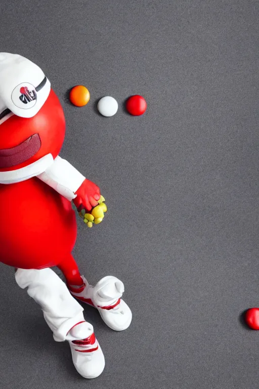 Image similar to a single red m & m candy with white arms and legs, a red sphere wearing a white baseball cap, eminem as the red m character standing on a floor covered with m & m candies, m & m candy dispenser!!!, m & m plush, unreal engine, studio lighting, unreal engine, volumetric lighting, artstation, professional food photography