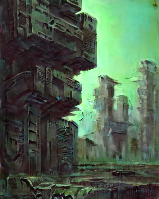 Prompt: hyperrealistic exoskeleton mecha iridescent pink brutalist city ruins background concept art santiago caruso de chirico sharp very dramatic green light 8k low angle shallow depth of field