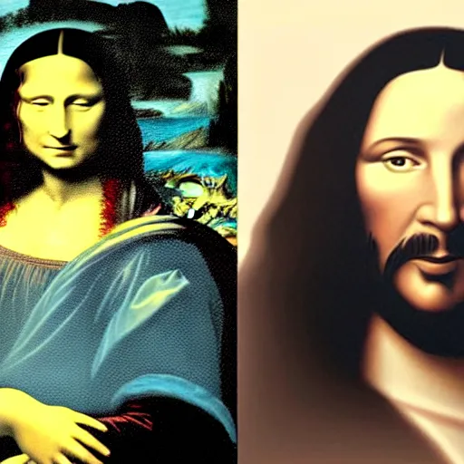 Image similar to painting of keanu reeves in the style of mona lisa, painting by leonardo da vinci