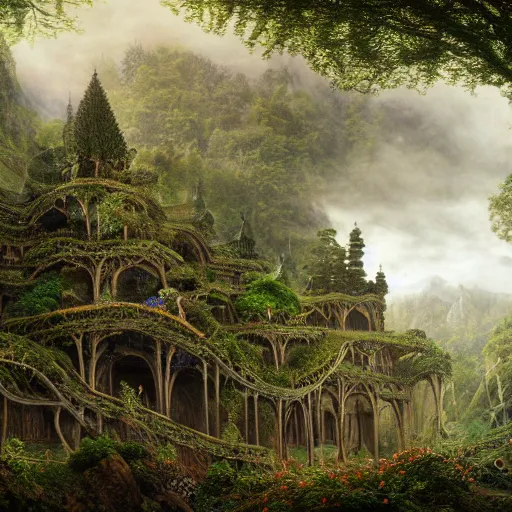 Image similar to a beautiful and highly detailed matte painting of an elven garden palace in a breath taking forest in a deep valley in the beautiful mountains of avalon, celtic knots, detailed woody trees, intricate details, epic scale, insanely complex, 8 k, sharp focus, hyperrealism, very realistic, by caspar friedrich, albert bierstadt, james gurney, brian froud,