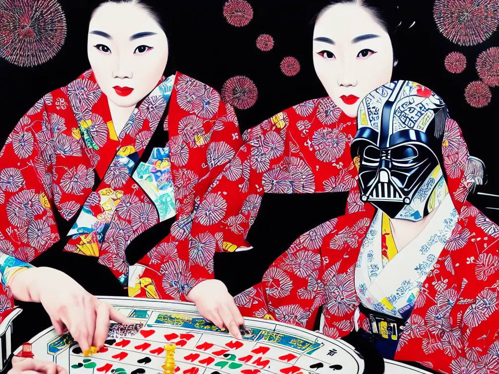 Image similar to hyperrealism composition of the detailed woman in a japanese kimono sitting at an extremely detailed poker table with darth vader, fireworks and folding screen on the background, pop - art style, jacky tsai style, andy warhol style, acrylic on canvas