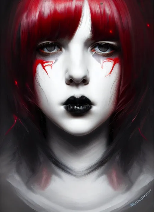 Image similar to portrait of white teenage girl, normal face, black bangs, mall goth, cyberlox, black and white hair, bangs, fluffy bangs, red contacts, intricate, elegant, highly detailed, digital painting, artstation, concept art, sharp focus, smooth, illustration, art by wlop, mars ravelo and greg rutkowski