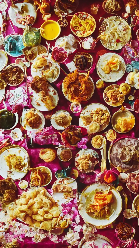 Image similar to 6 0 s food photography of a lavish spread of disgusting and strange party foods, on a velvet table cloth, soft focus