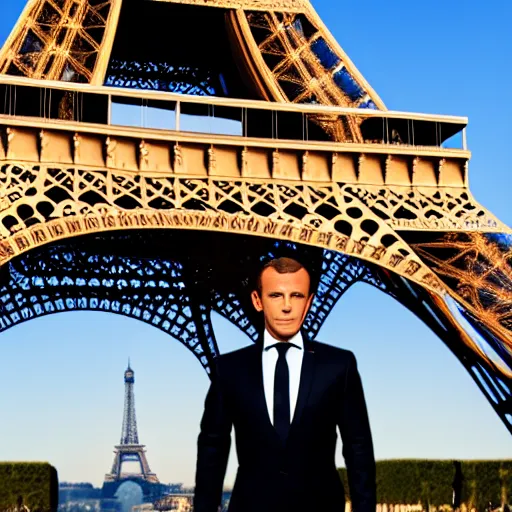 Image similar to Still of a James Bond movie starring Emmanuel Macron as James Bond. Emmanuel Macron holds a Beretta, a baguette and a French flag in front of the Eiffel Tower. Nikon, sigma 1/6, 50 mm