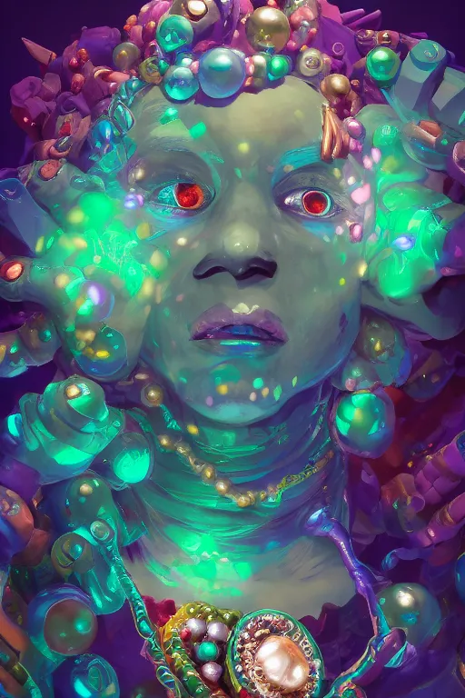 Image similar to maximalist detailed gemstone golem portrait by adoryanti, holosomnia, electrixbunny, rendered in discodiffusion. ornated and decorated with pearls and gems, behance hd by jesper ejsing, by rhads, makoto shinkai and lois van baarle, ilya kuvshinov, ray tracing hdr radiating a glowing aura
