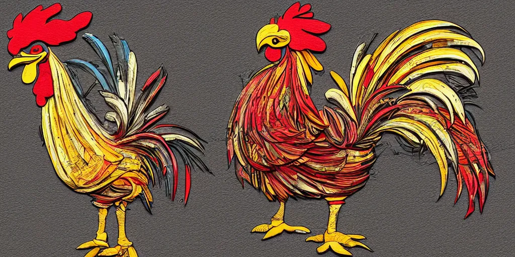 Prompt: colorful illustration of a fighting rooster made of car parts, mix of styles, intricate, highly detailed, dark color scheme, golden ratio