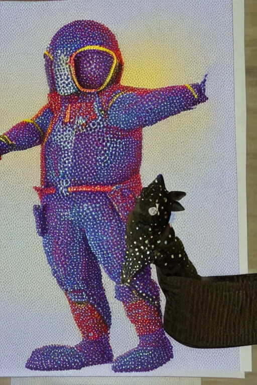 Image similar to a scene depicting a character wearing a diy suit made from foam, pointillism, super detailed, soft light