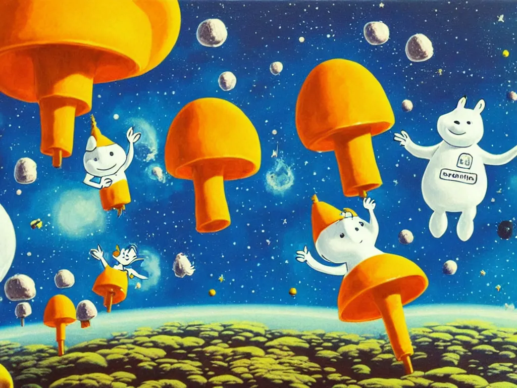 Image similar to moomins in space suits flying around with jetpacks discovering the mushroom planet, photorealistic painting, cgi, low light