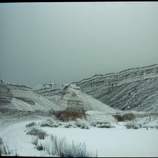 Prompt: photo of green river, wyoming cliffs covered in ice and snow, during a snowstorm. a old man in a trench coat and a cane appears as a hazy silhouette in the distance, looking back over his shoulder. cold color temperature. blue hour morning light, snow storm. hazy atmosphere. humidity haze. kodak ektachrome, greenish expired film, award winning, low contrast.