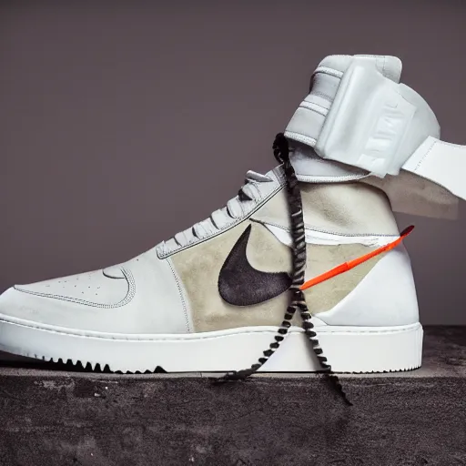 Image similar to a studio photoshoot of A floating Nike high top sneaker designed by Virgil Abloh, leather and suede, Off-White, realistic, color film photography by Tlyer Mitchell, 35 mm, graflex