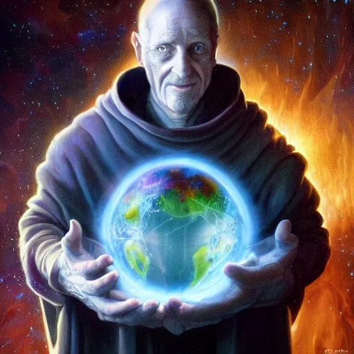 Image similar to the creator of worlds wearing a cloak and holding a holographic planet projection in his hand, detailed, sci - fi, digital painting, artstation, sharp focus, illustration, ominous, artgerm, tomasz alen kopera, peter mohrbacher, donato giancola, joseph christian leyendecker, wlop, frank frazetta