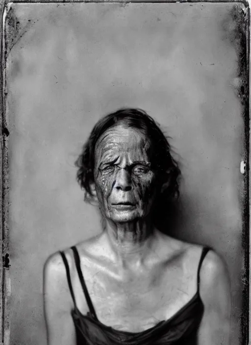 Image similar to portrait of a blind women, hyperrealism, photo realistic, detailed, award winning photograph, cinematic lighting, ambrotype wet plate collodion by richard avedon and shane balkowitsch