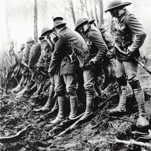 Image similar to WW1 trench with wolves attacking injured soldiers 1900s, horror photography