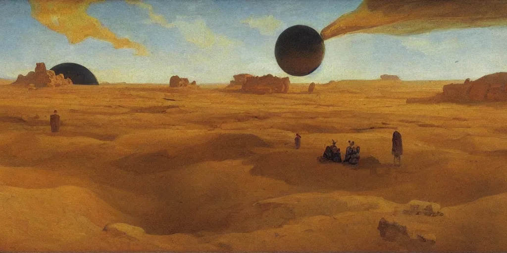 Image similar to desert landscape, a huge space ship is hovering in the sky, painting in style of Ilya Repin,