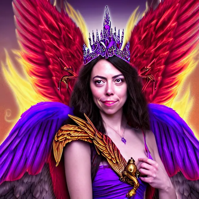 Prompt: Princess sorceress with red flaming bird wings on her back and sitting on an ornate throne dressed in a fancy purple dress, beautiful realistic face similar to aubrey plaza, Fantasy, Full Portrait, High detail, realistic, planeswalker