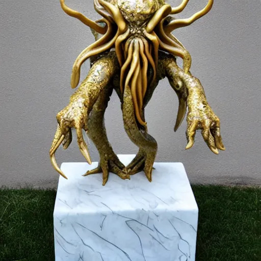 Image similar to cthulhu sculpture, white marble and gold