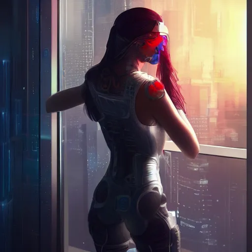 Image similar to art by artgerm, portrait of cyberpunk woman looking out of a window, cyberpunk setting, futuristic, highly detailed, intricate lighting, digital painting, sharp focus, illustration, trending on artstation.