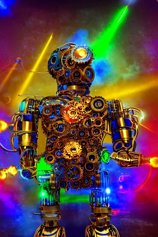 Prompt: portrait photo of a giant huge golden and blue metal steampunk robothead covered with multicolored machine parts and gears and tubes, eyes are glowing red lightbulbs, shiny crisp finish, 3 d render, 8 k, insaneley detailed, fluorescent colors, background is multicolored lasershow