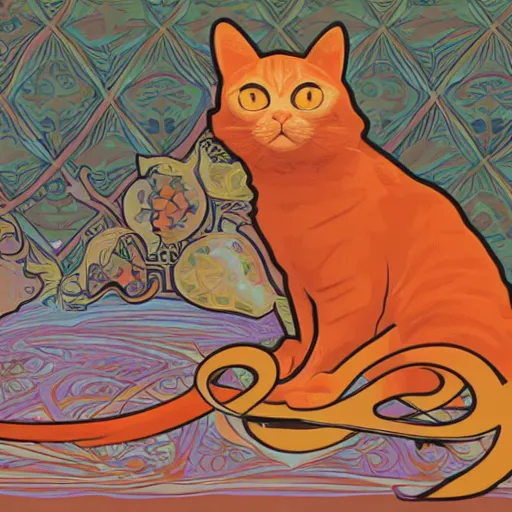 Prompt: a orange cat in virtual reality, in the style of alphonse mucha