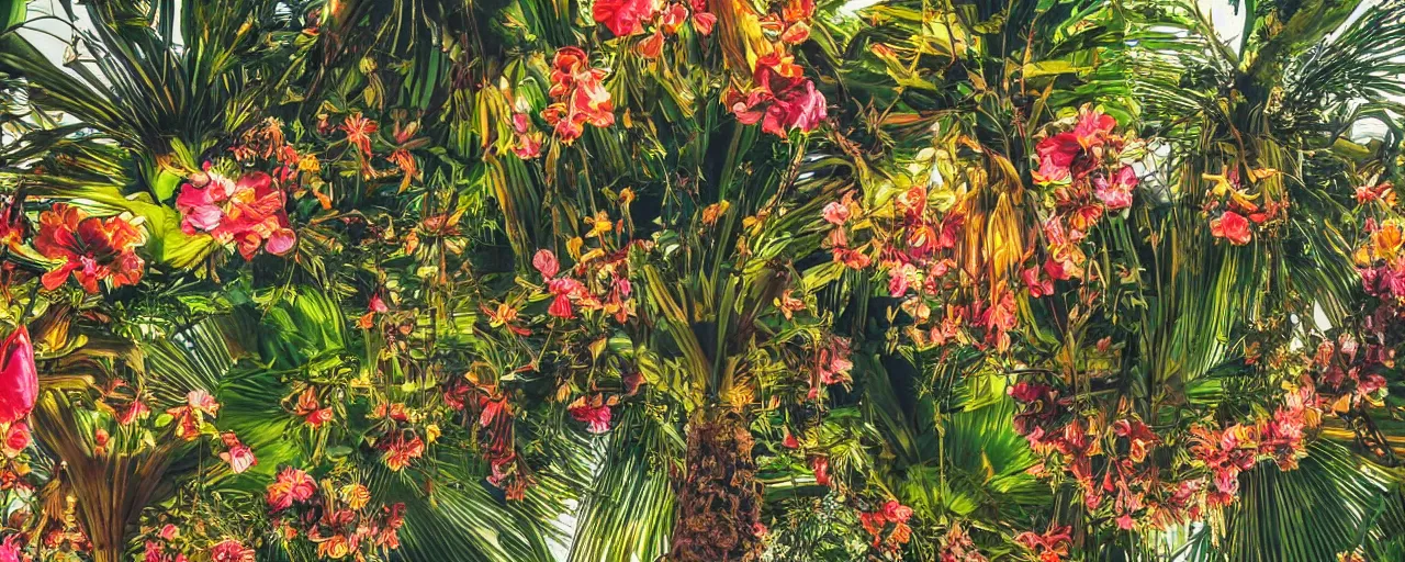 Image similar to a highly detailed oil photo of Tropical Flowers, a view from ground level: elegant, ornate, daytime. this is a beautifully lit scene, fine art photography