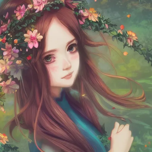 Image similar to a pretty girl with flowers in her hair, wearing a flowing dress, forest background, anime key visual, lois van baarle, ilya kuvshinov, rossdraws, artstation