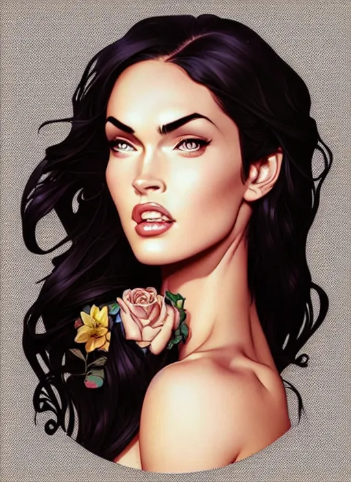 Prompt: cute megan fox sticker design, natural lighting, path traced, highly detailed, high quality, digital painting, by don bluth and ross tran and studio ghibli and alphonse mucha, artgerm