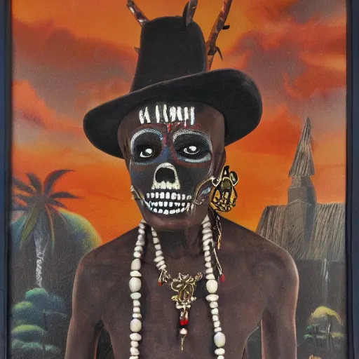 Prompt: detailed matte painting of traditional Haiti voodoo folk art with baron samedi, 8k, vivid