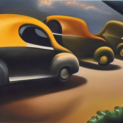 Prompt: a beautiful surrealist painting depicting being stuck in traffic. oil on canvas, 1 9 4 0. trending, high quality, high resolution, detailed