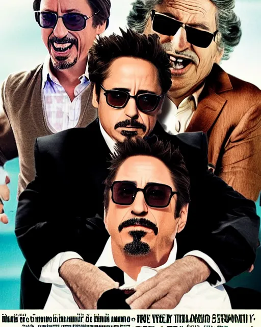 Prompt: movie poster for weekend at bernie's 3, hilariously pregnant robert downey jr in a wheelchair with dark sunglasses, bernie gets pregnant, bernie goes to a casino, comedic poster, cinematic lighting with steve buscemi and dj qualls