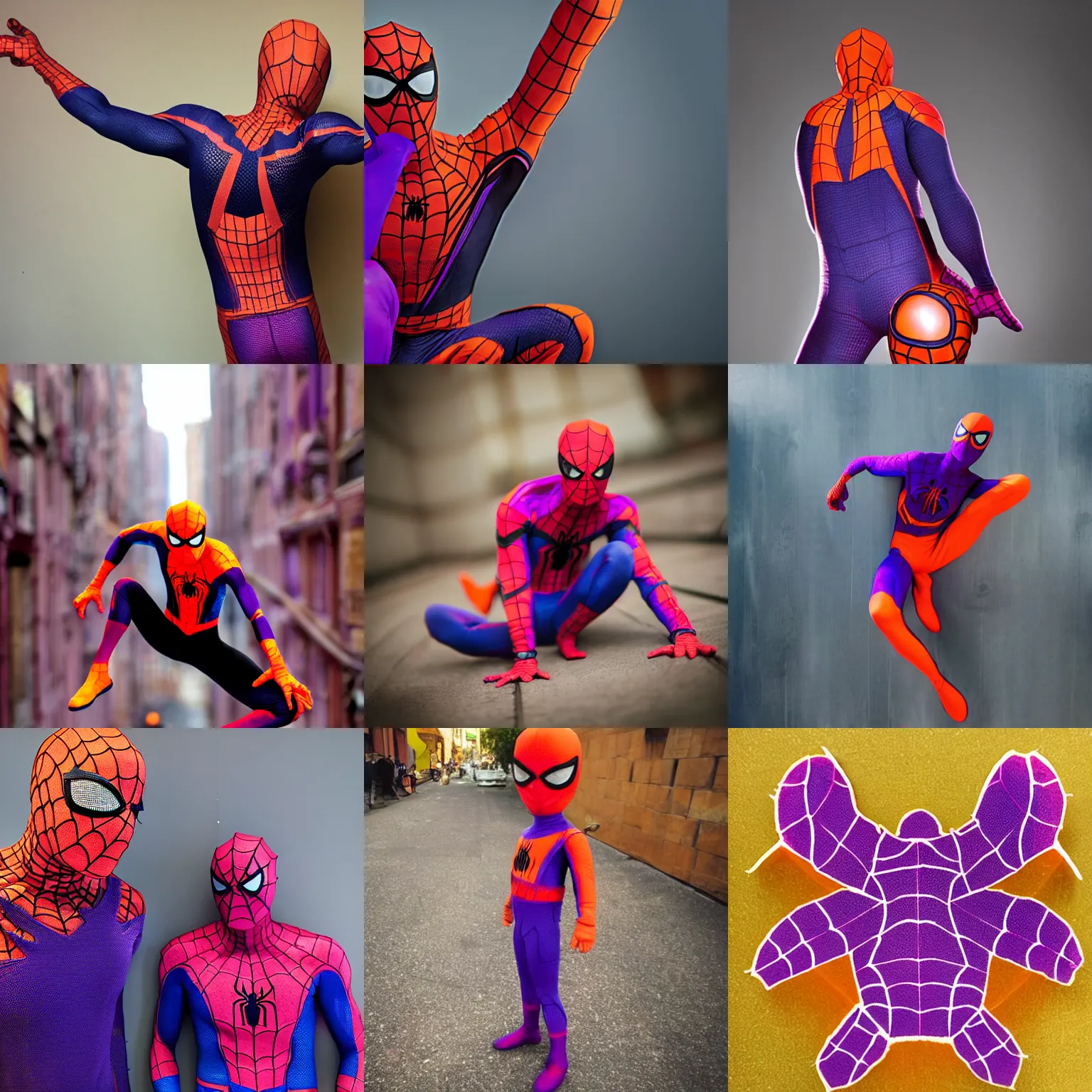 Prompt: photo of orange and purple spider-man