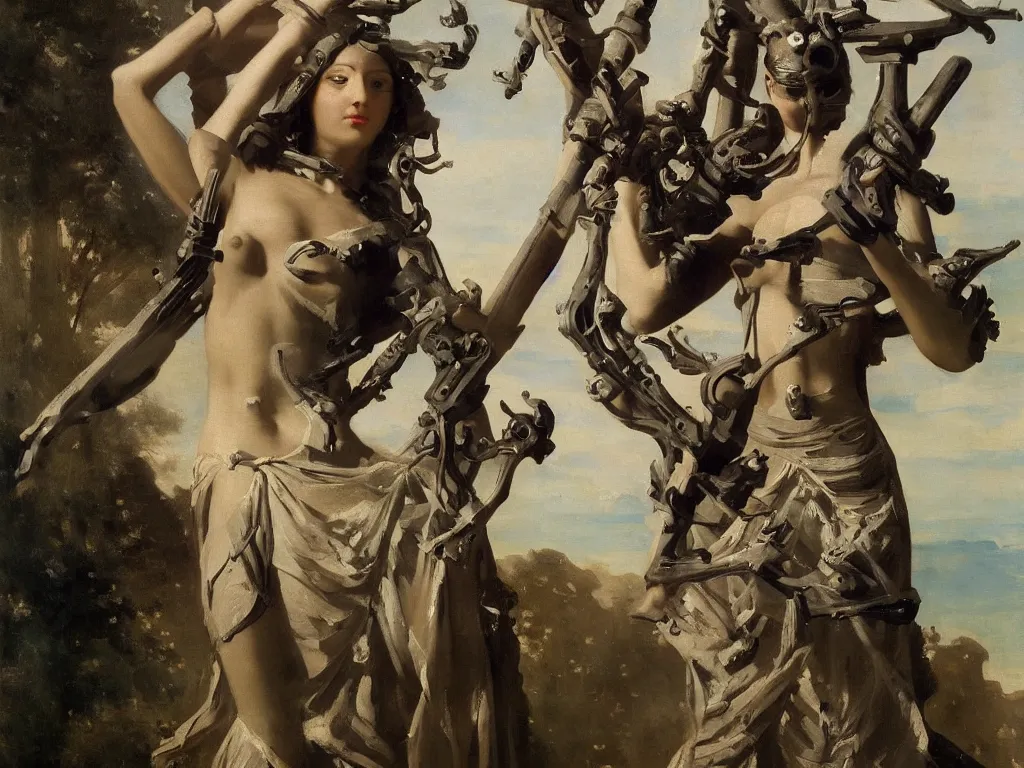Image similar to photo realistic six armed goddess holding futuristic weapons in each hand, by camille corot, third - person, f / 2 2, kinemacolor, rim lights, insanely detailed and intricate, hypermaximalist, elegant, ornate, hyper realistic, super detailed