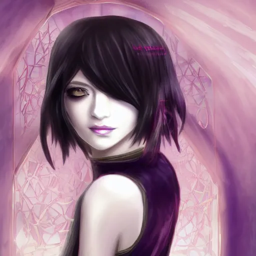 Prompt: Pale-skinned Persian girl, black hime cut hair, long bob cut hair, purple eyes, gothic jacket, mysterious girl, photograph