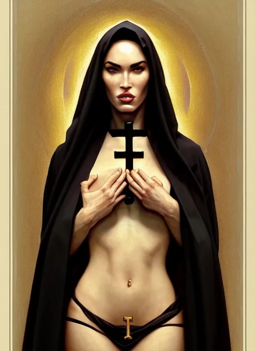 Image similar to portrait of megan fox as a sultry nun, bible, catholic, religion, cross, prayer, intricate, headshot, highly detailed, digital painting, artstation, concept art, sharp focus, cinematic lighting, illustration, art by artgerm and greg rutkowski, alphonse mucha, cgsociety