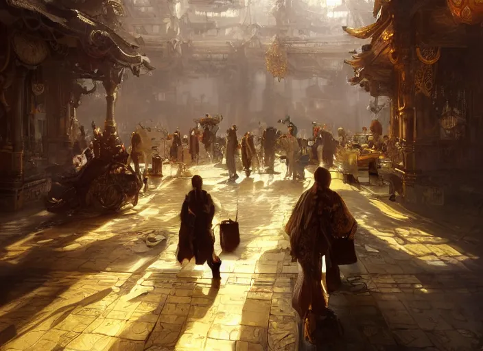 Image similar to the rich golden house and shadow of people lying around volumetric lighting, digital painting, highly detailed, artstation, sharp focus, illustration, concept art, ruan jia, steve mccurry, amazing composition
